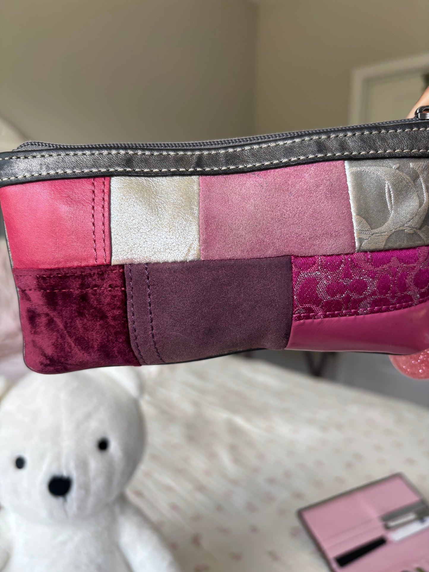 Pink patchwork coach wristlet wallet