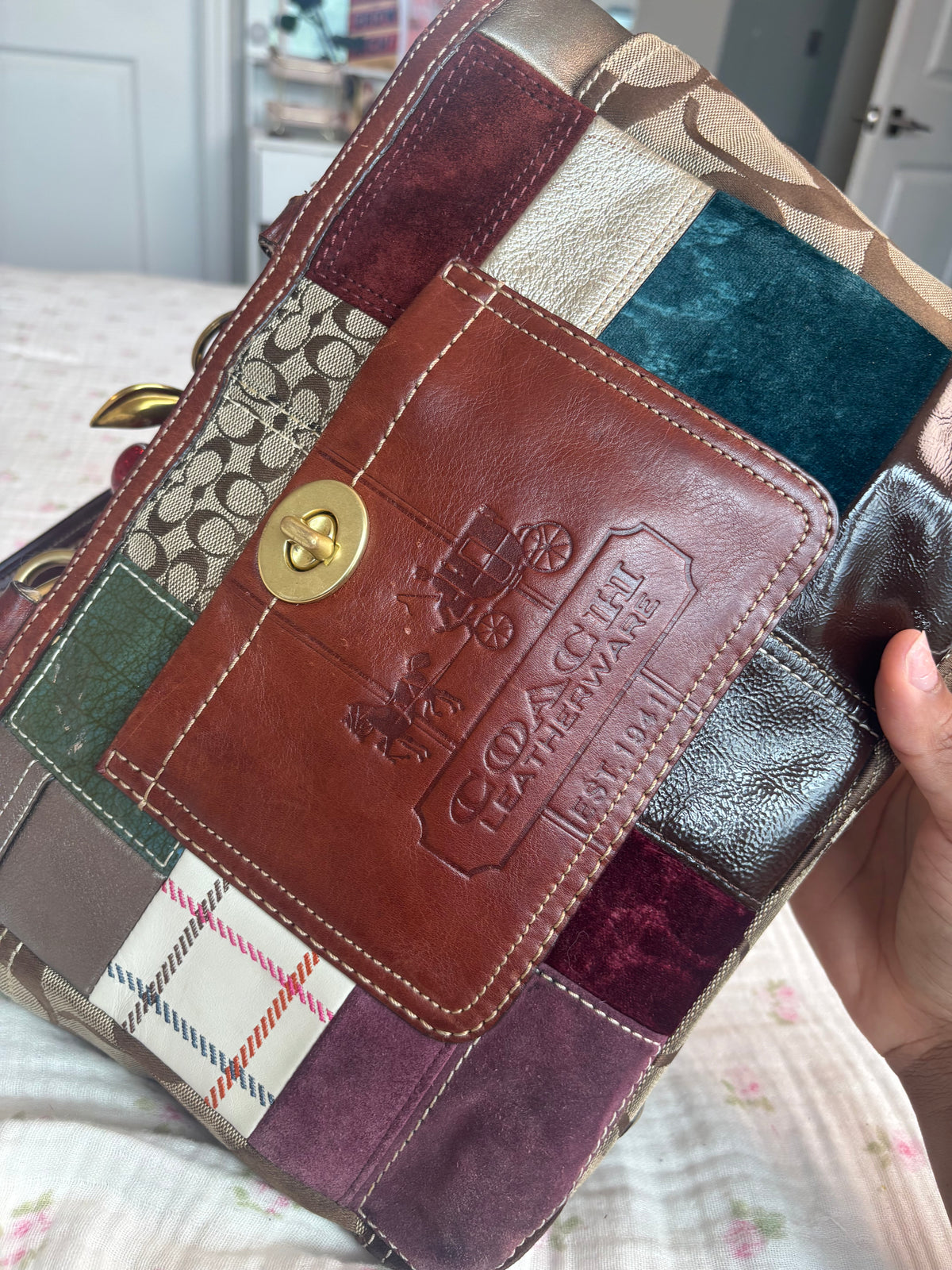Brown patchwork coach tote bag