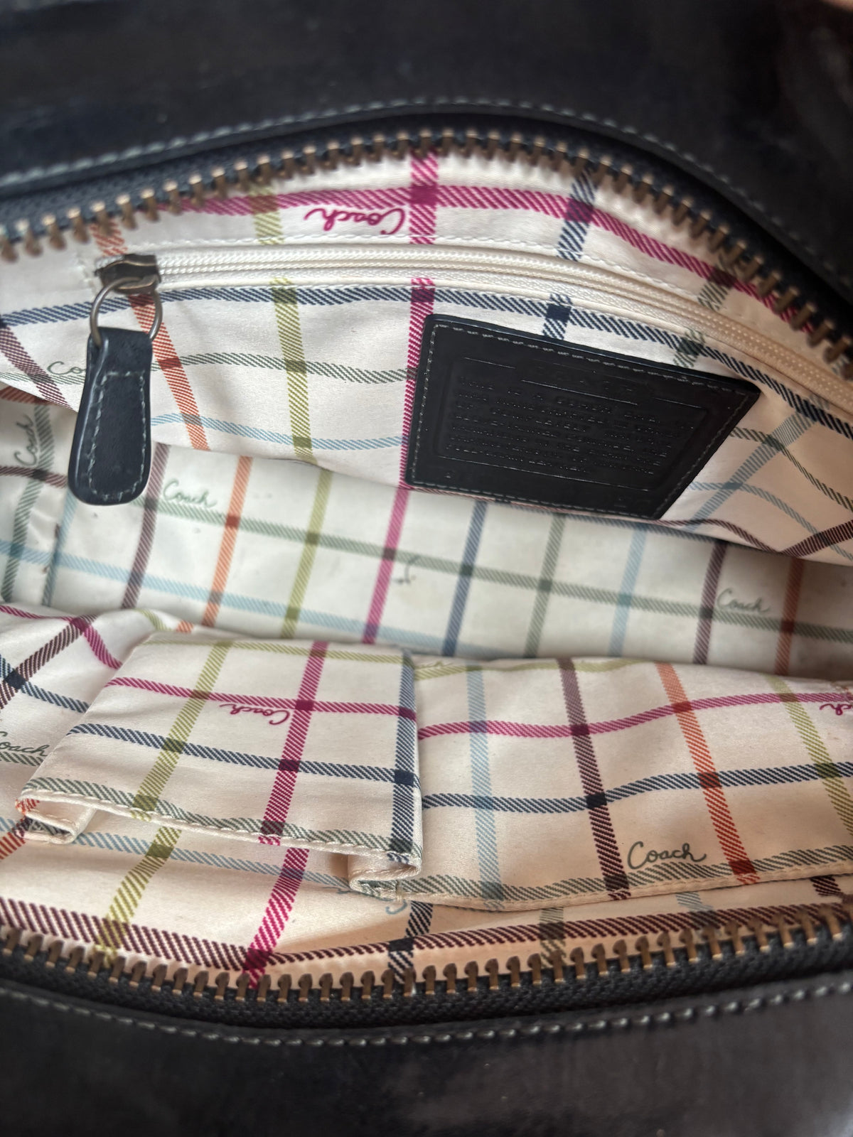 Black leather peacook coach tote bag