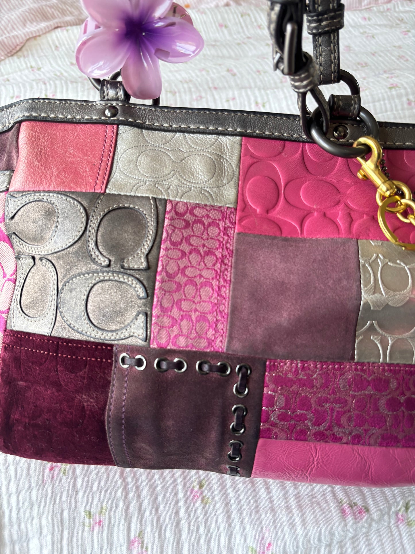 Pink patchwork coach tote bag
