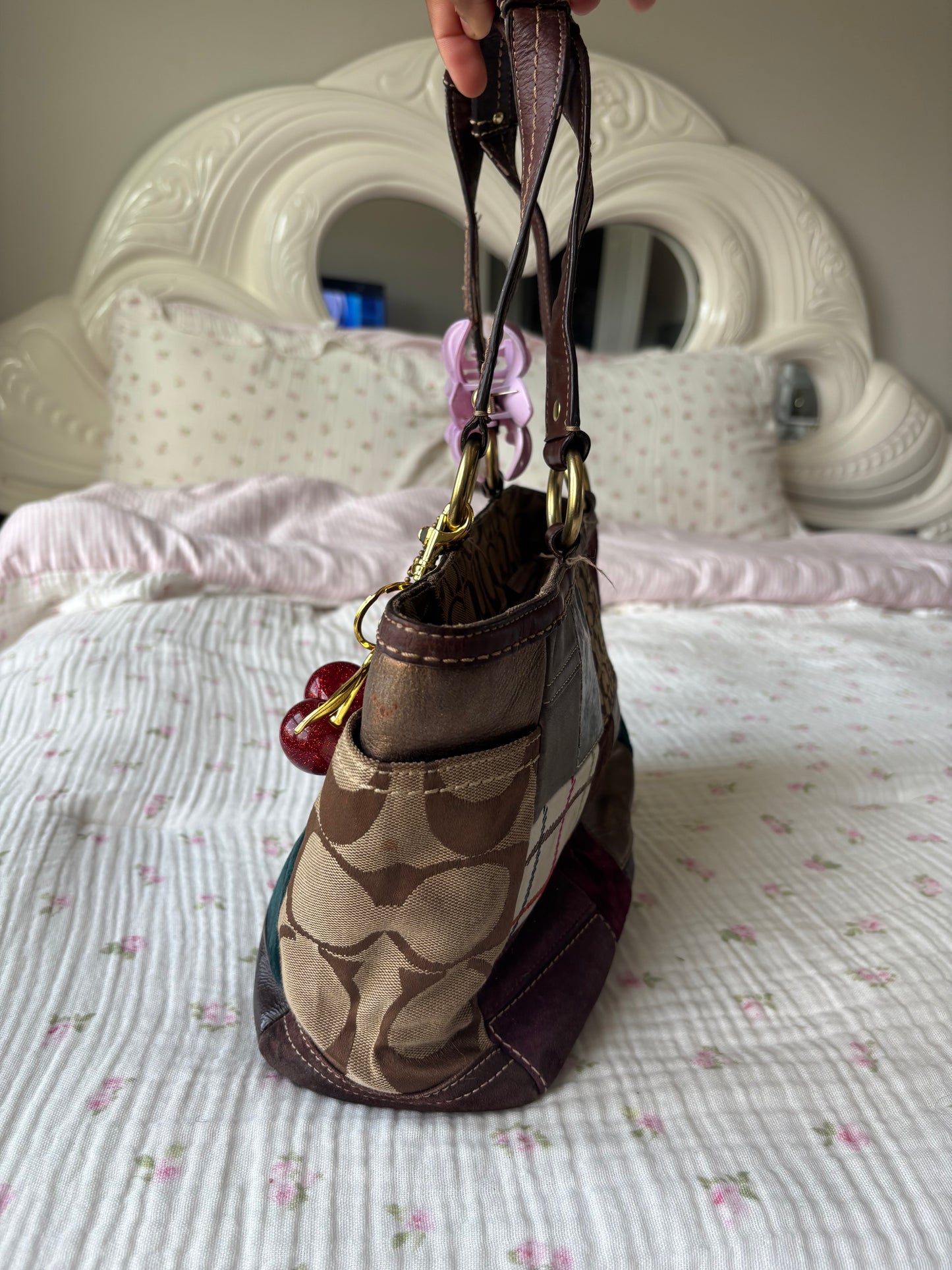 Brown patchwork coach tote bag