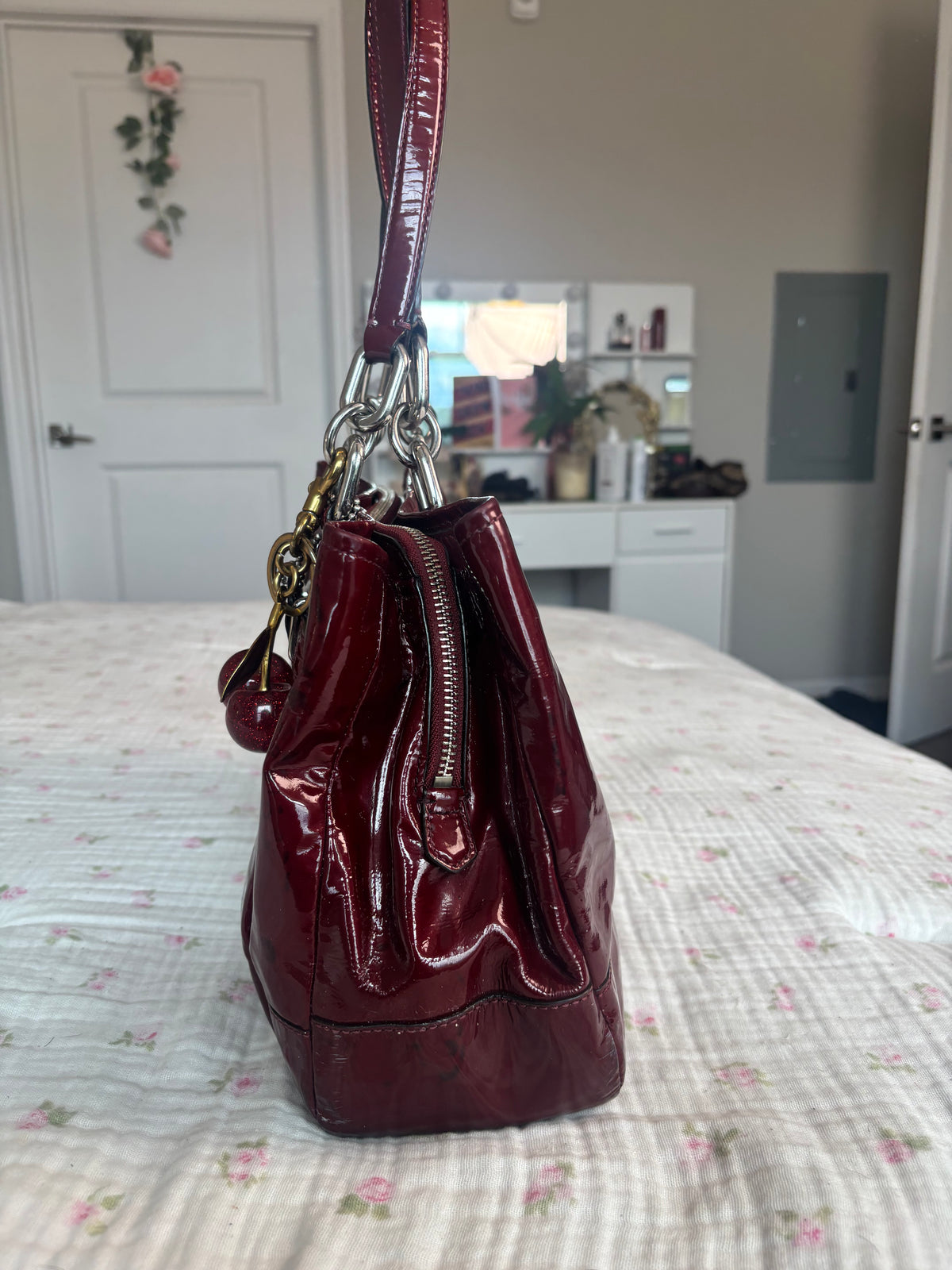 Cherry red patent leather coach satchel