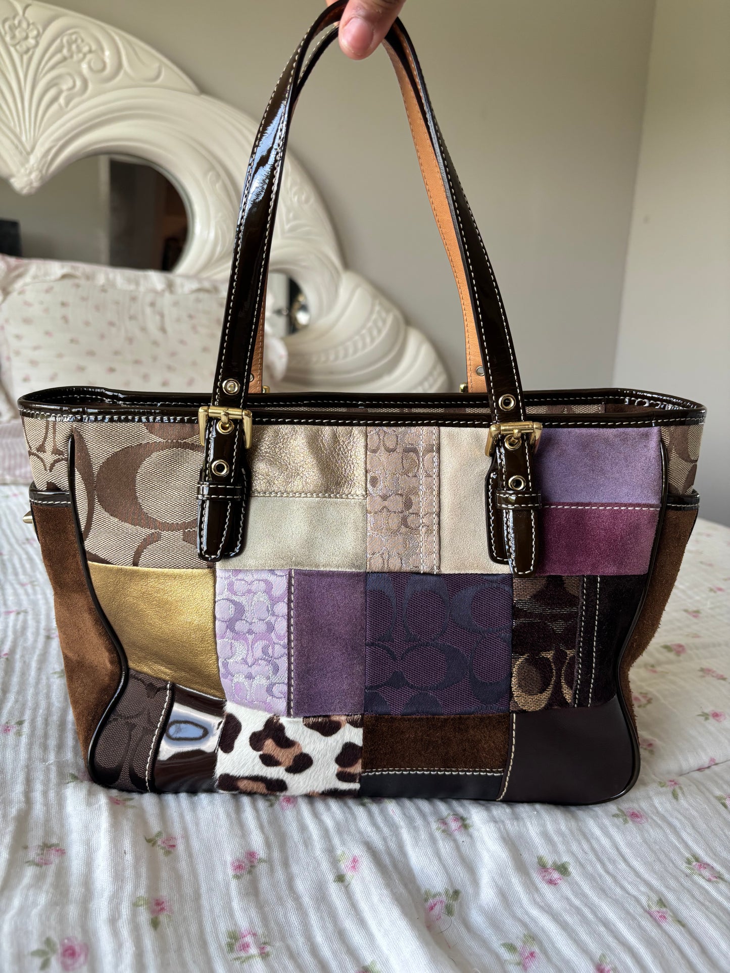 Rare colorful patchwork holiday coach tote bag