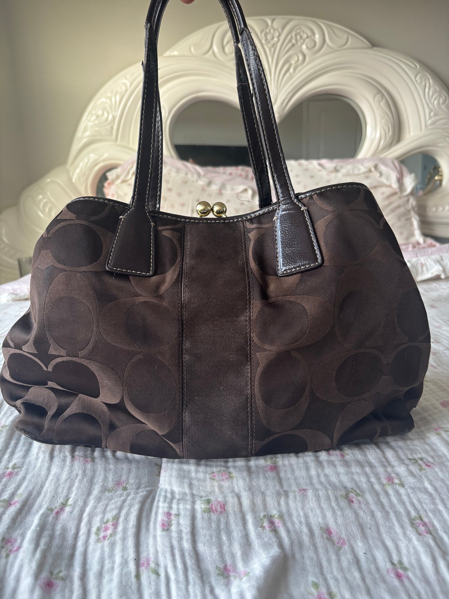 Brown coach kisslock tote