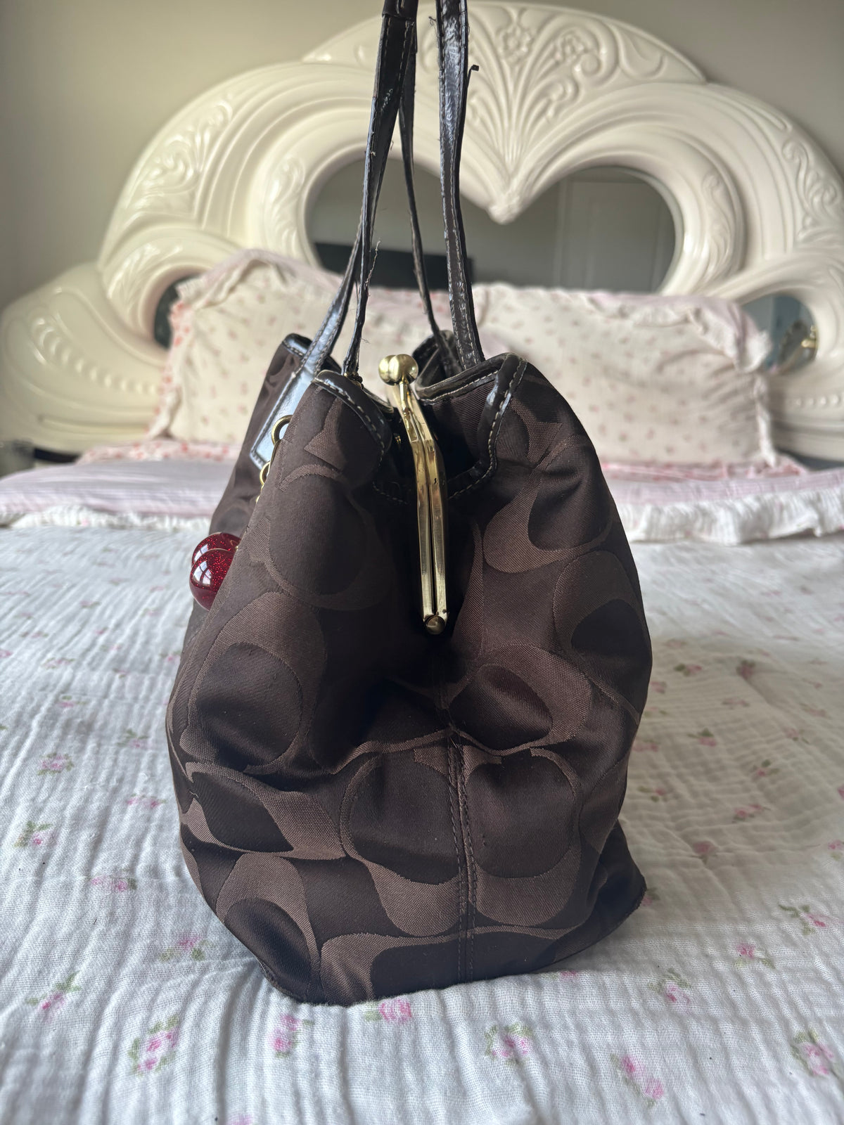 Brown coach kisslock tote