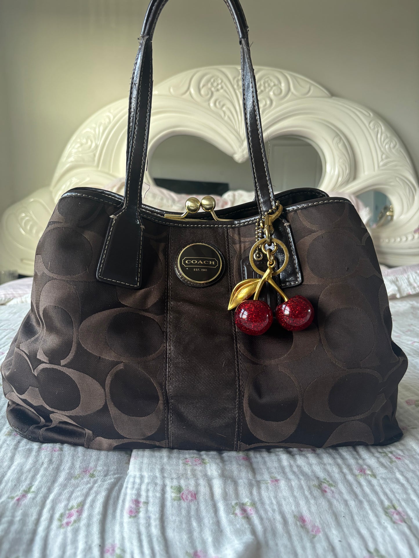 Brown coach kisslock tote