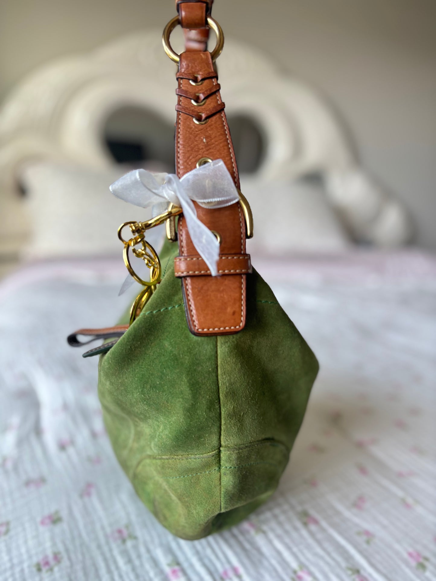 Rare green suede hobo shoulder bag