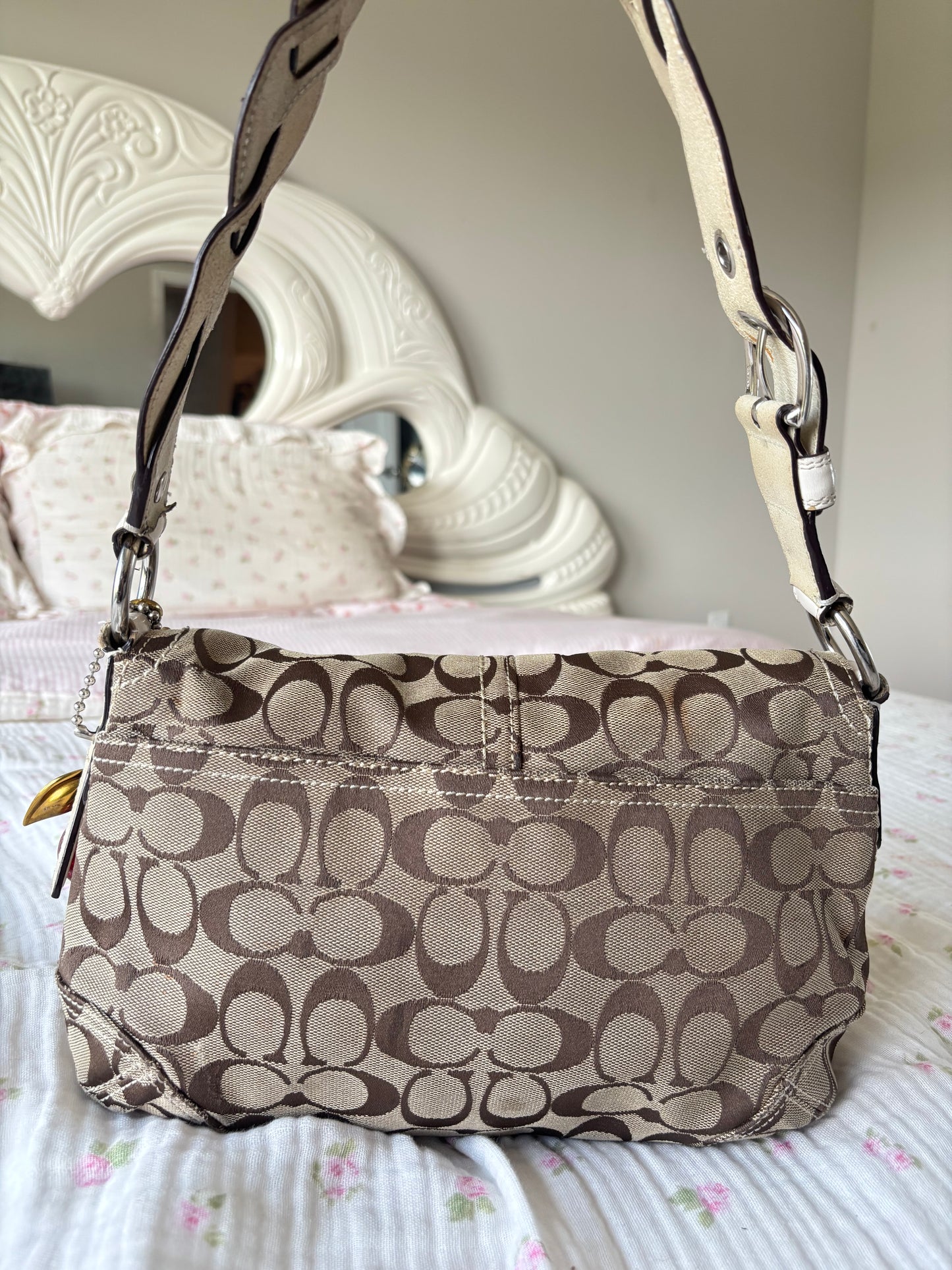 White mongram coach soho shoulder bag