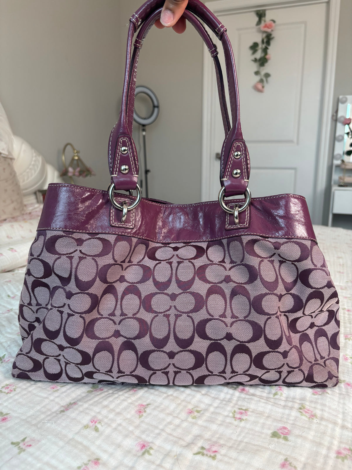 Purple mongram coach tote bag