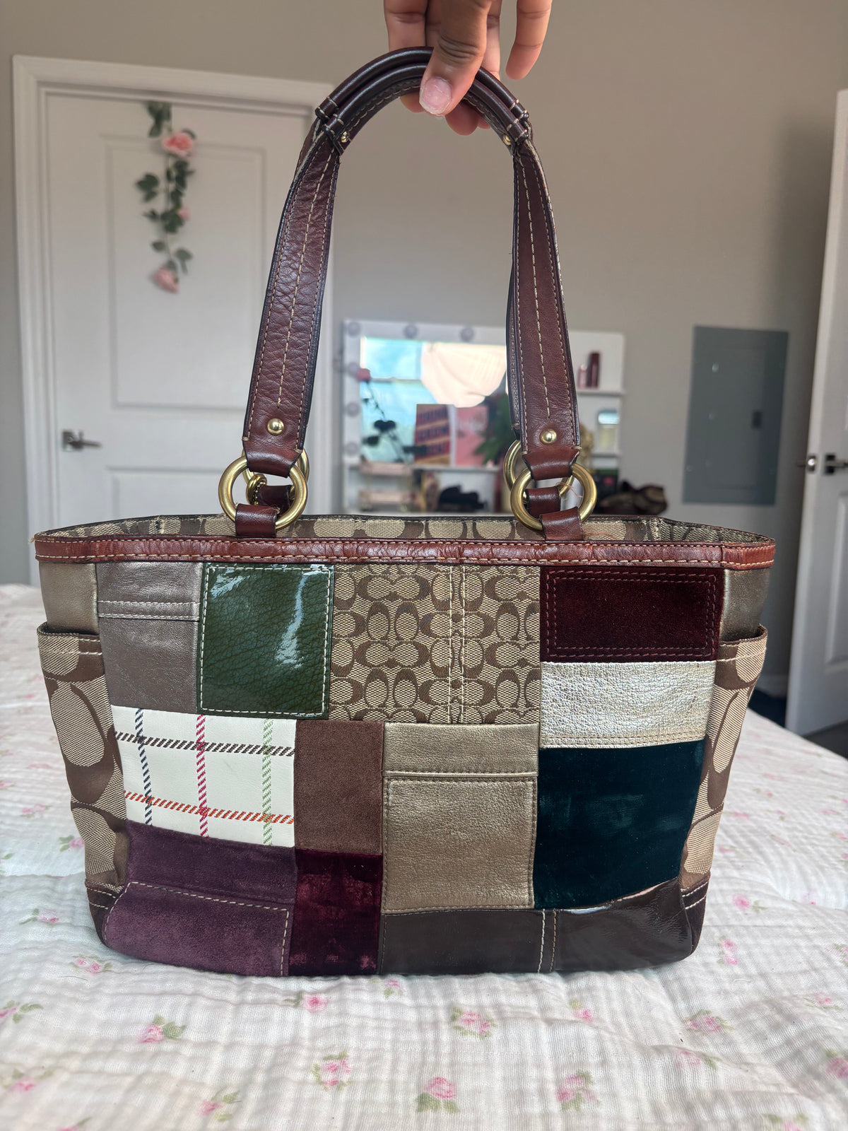 Brown patchwork coach tote bag