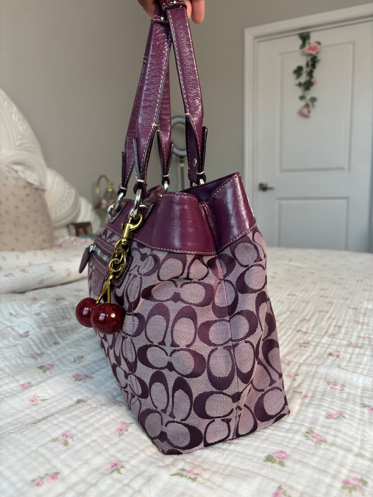 Purple mongram coach tote bag