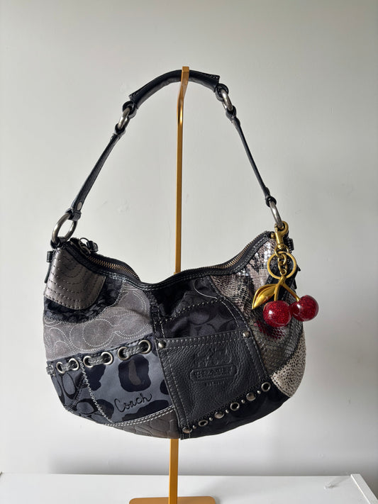 black & grey vintage coach patchwork hobo shoulder bag