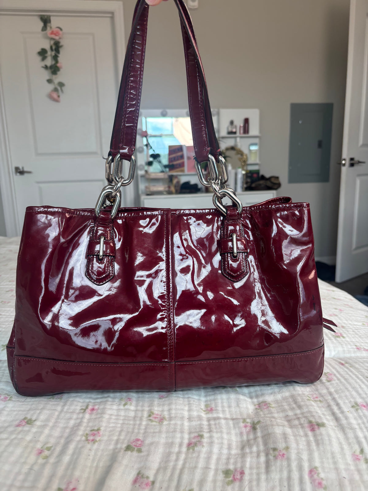 Cherry red patent leather coach satchel