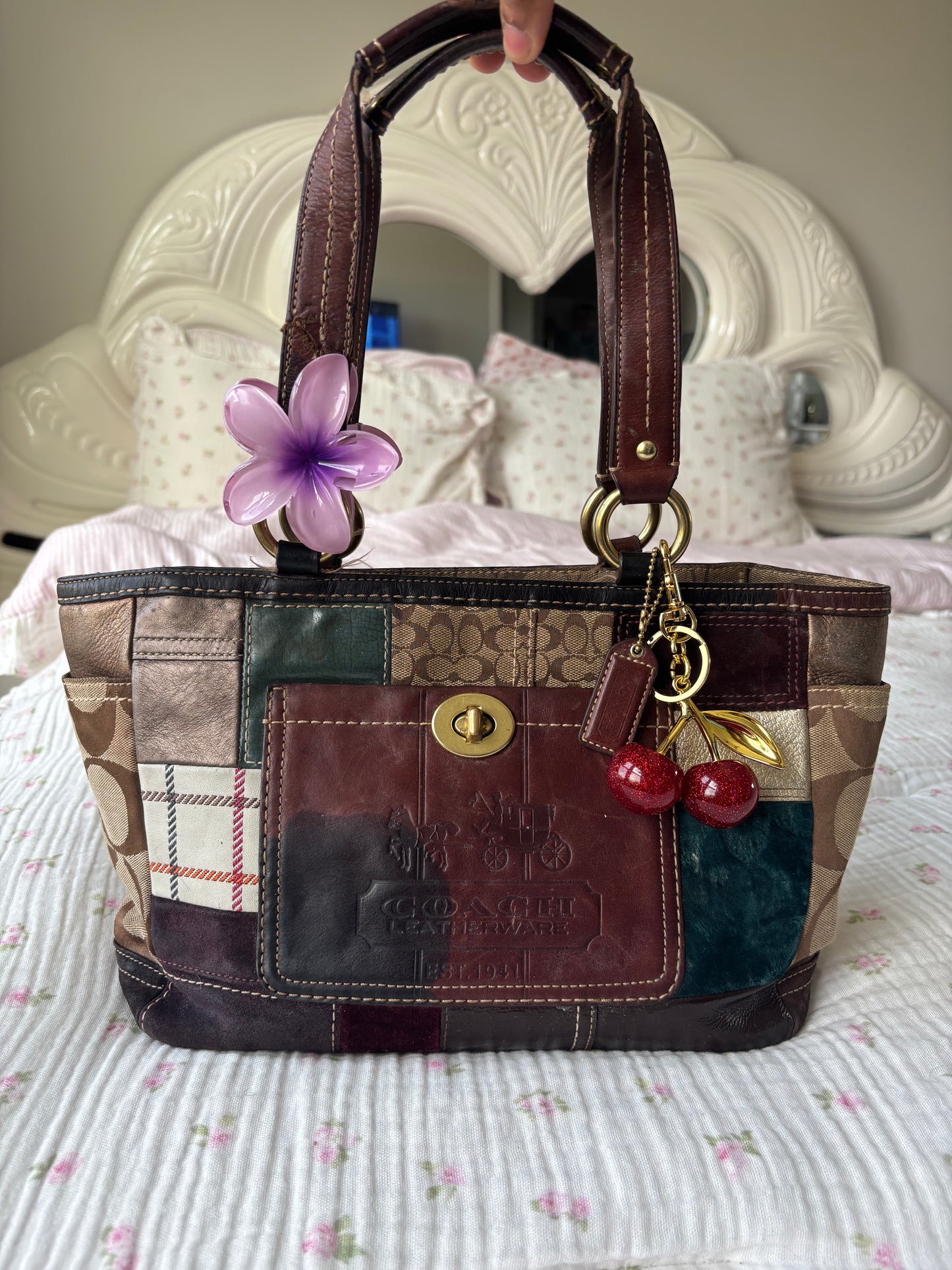 Brown patchwork coach tote bag