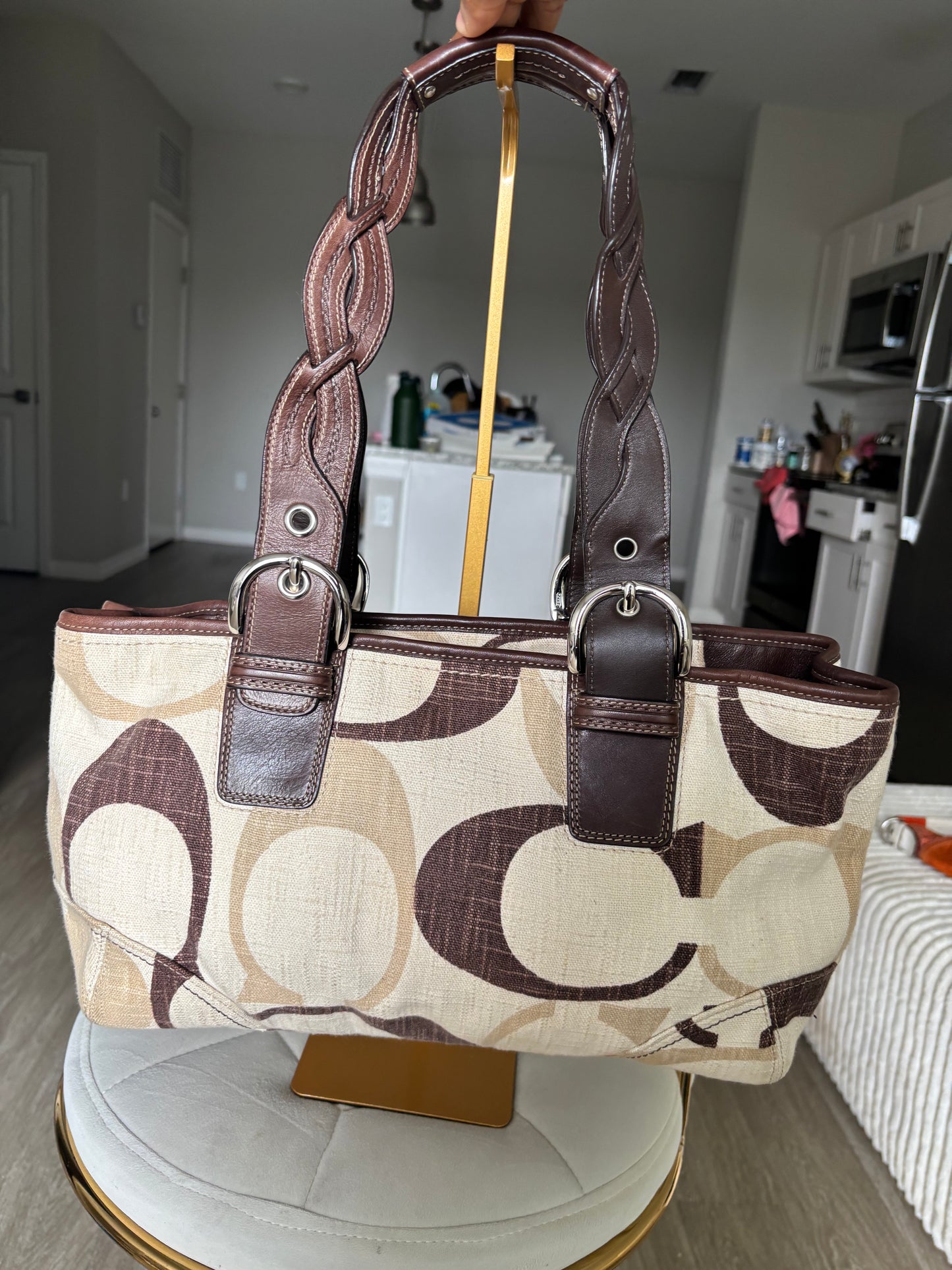 Rare cream & brown coach satchel tote bag