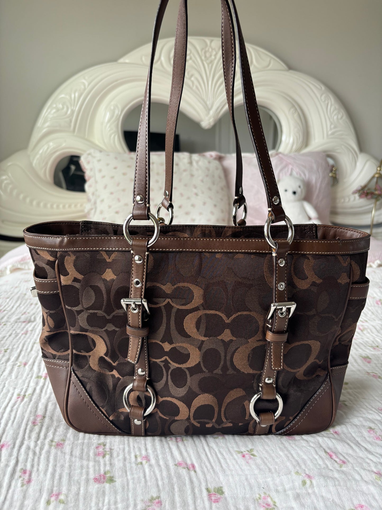 Brown optic coach vintage tote bag