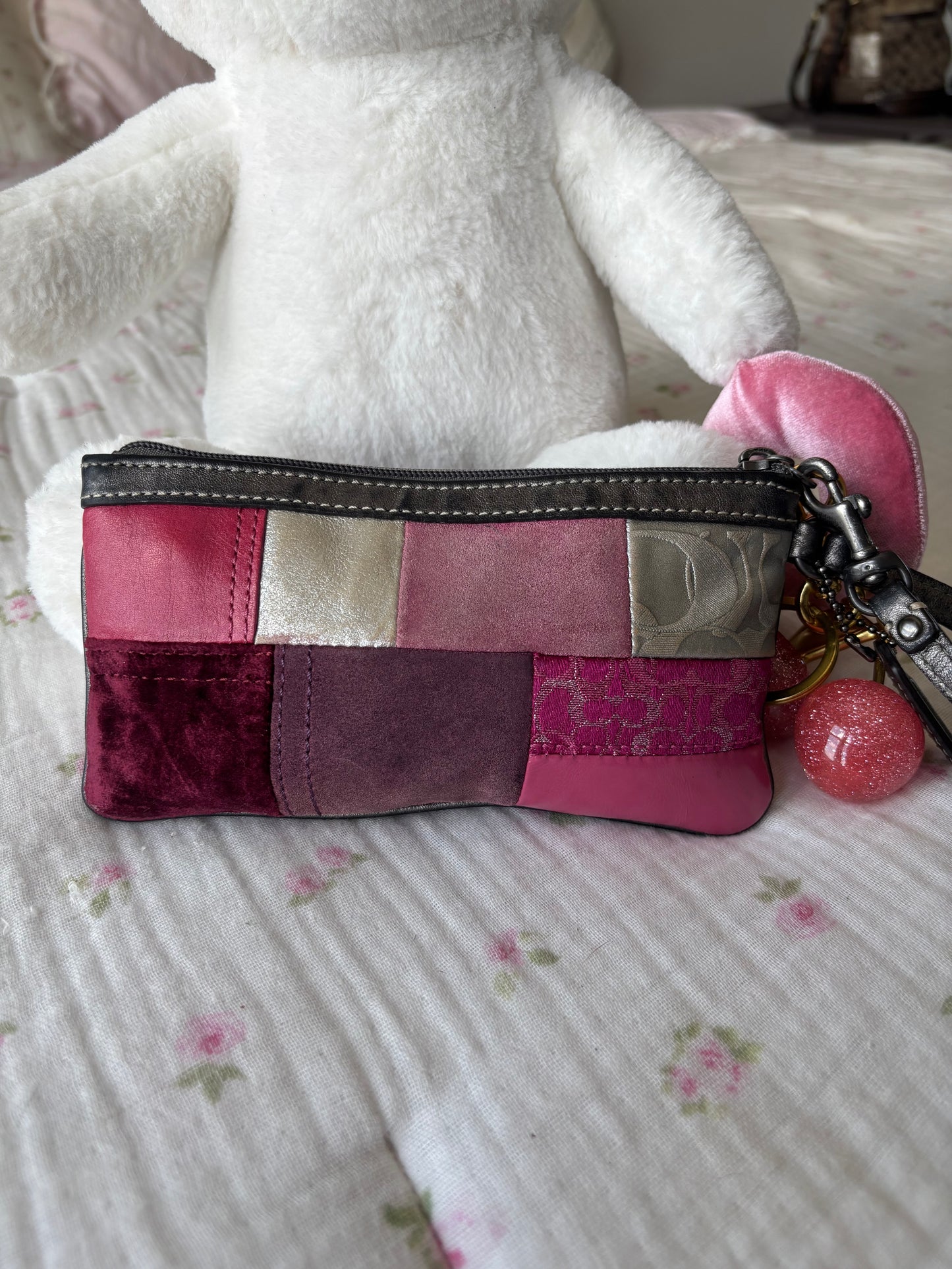 Pink patchwork coach wristlet wallet