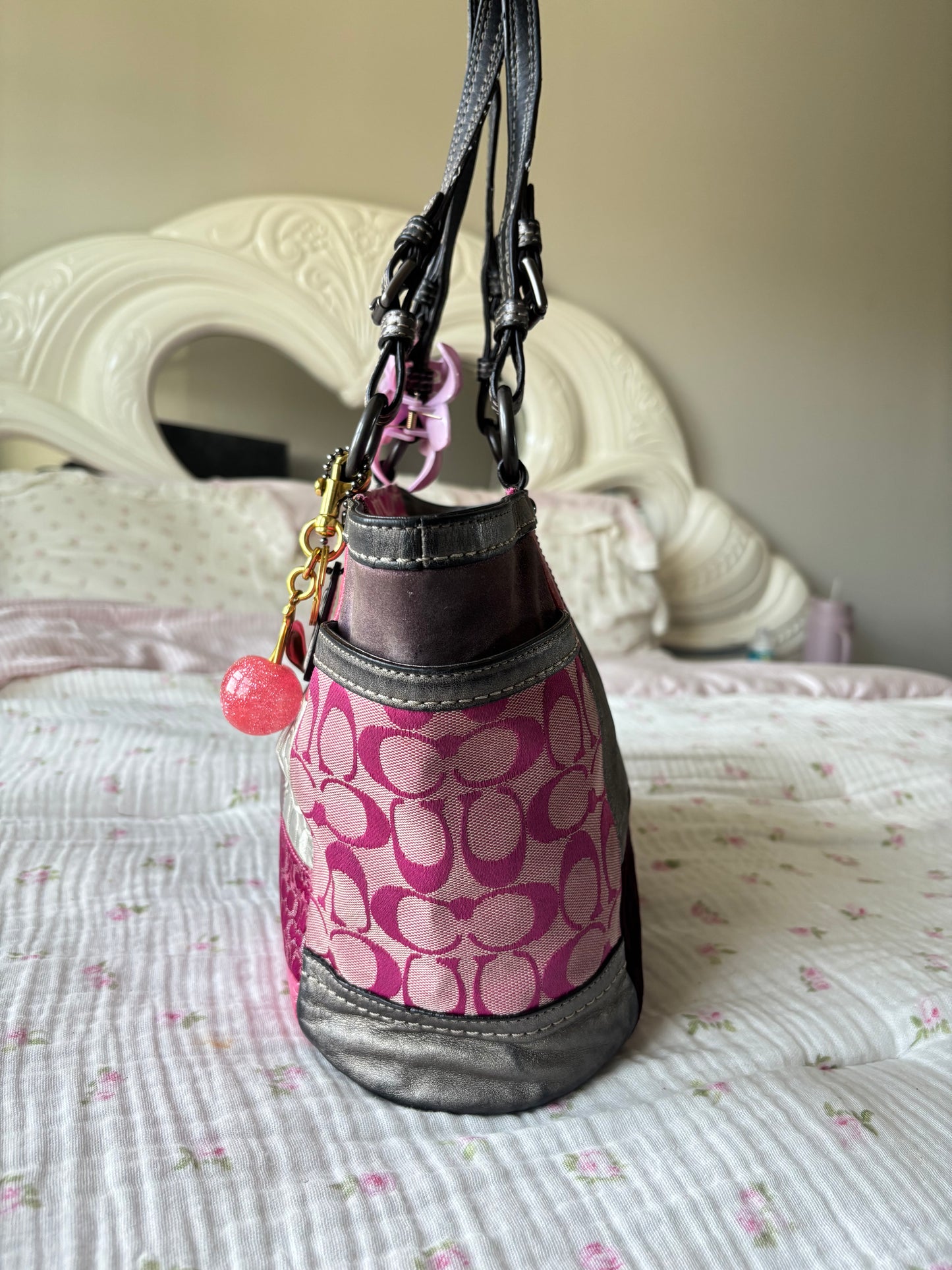 Pink patchwork coach tote bag