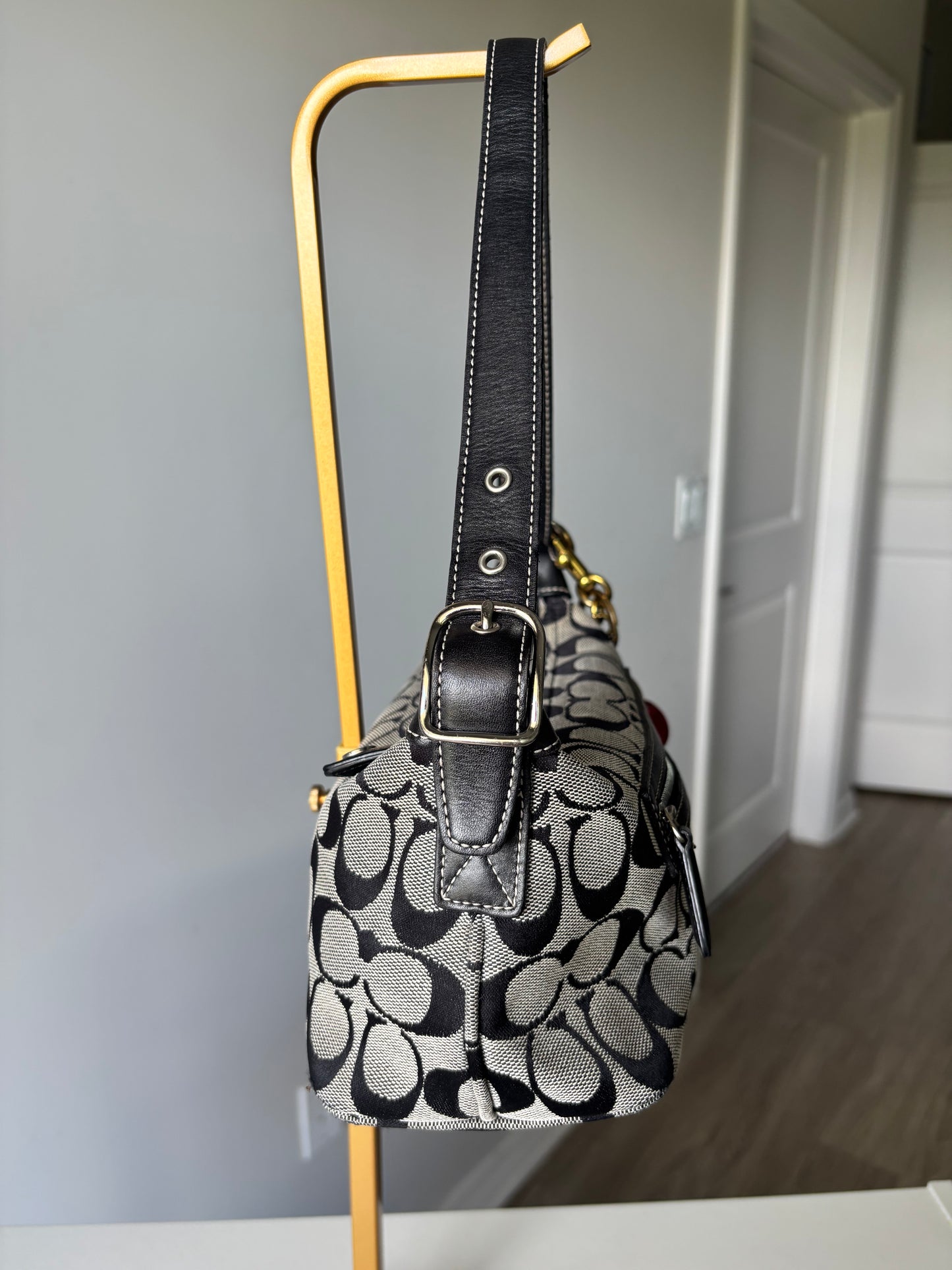 Grey mongram coach small shoulder bag