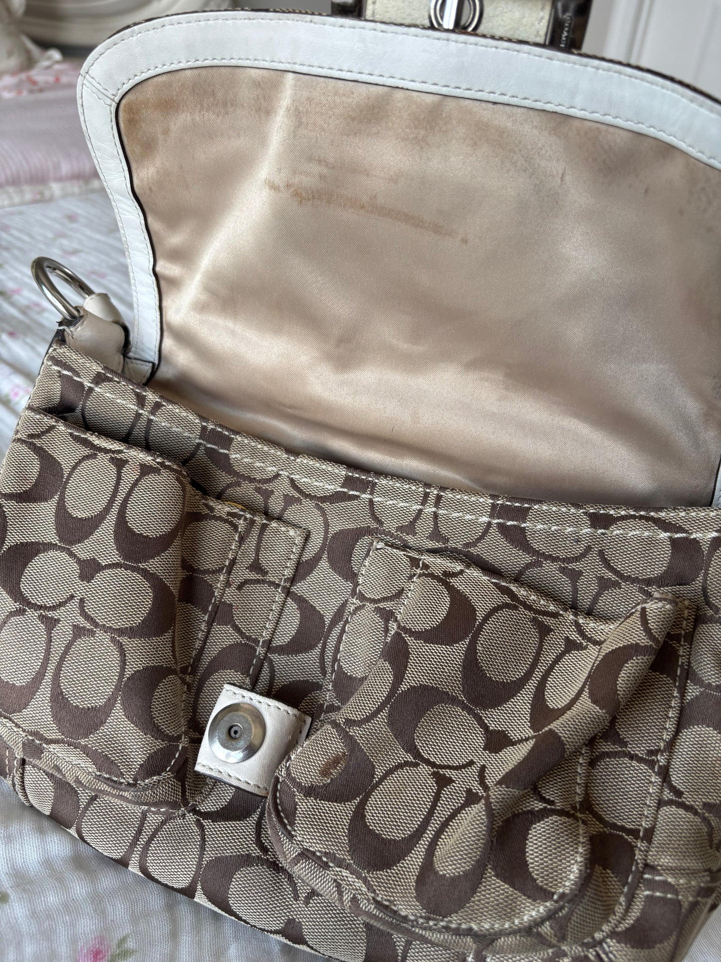 White mongram coach soho shoulder bag