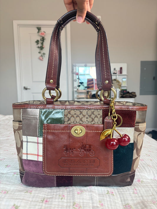 Brown patchwork coach tote bag