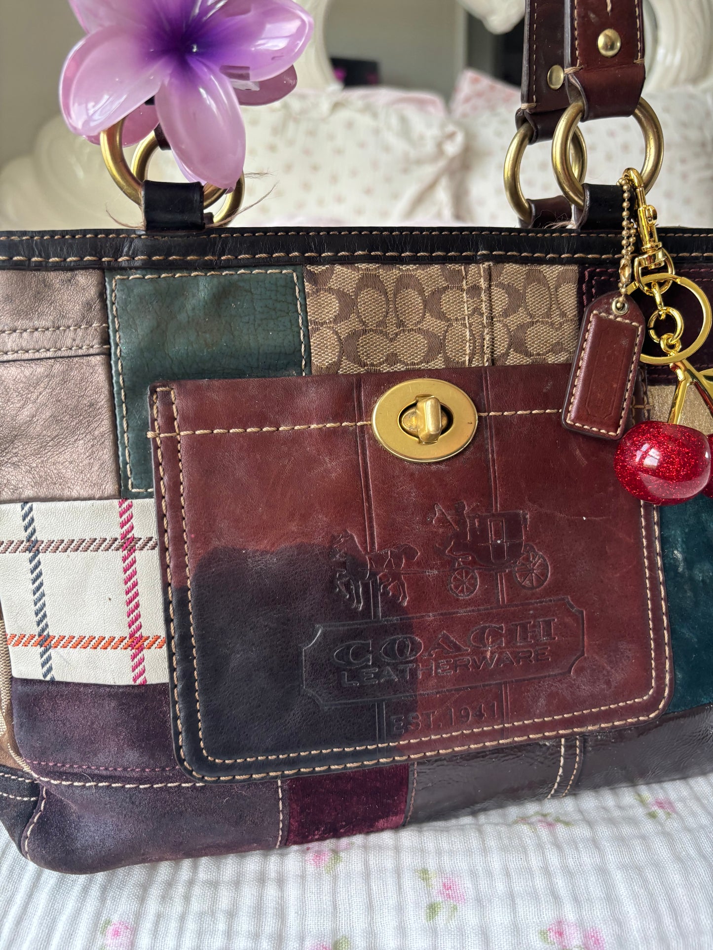 Brown patchwork coach tote bag