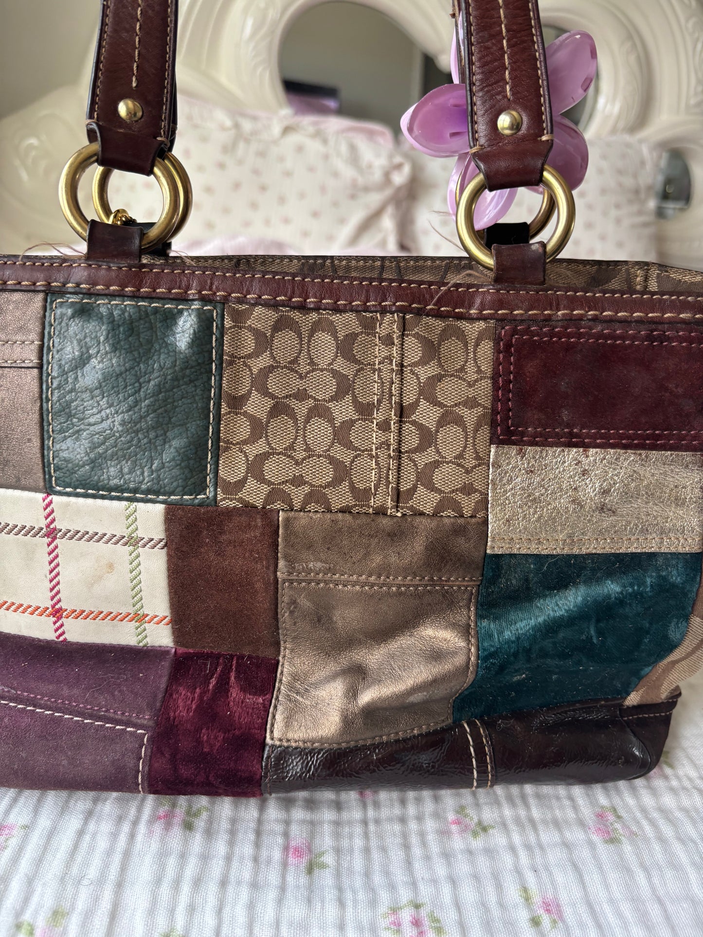 Brown patchwork coach tote bag