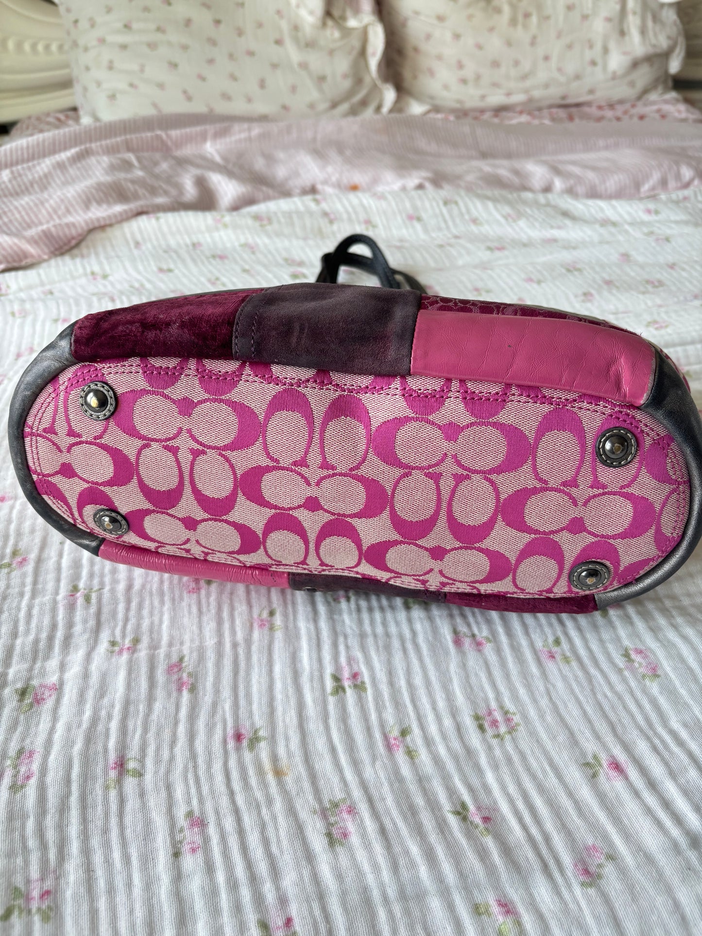Pink patchwork coach tote bag