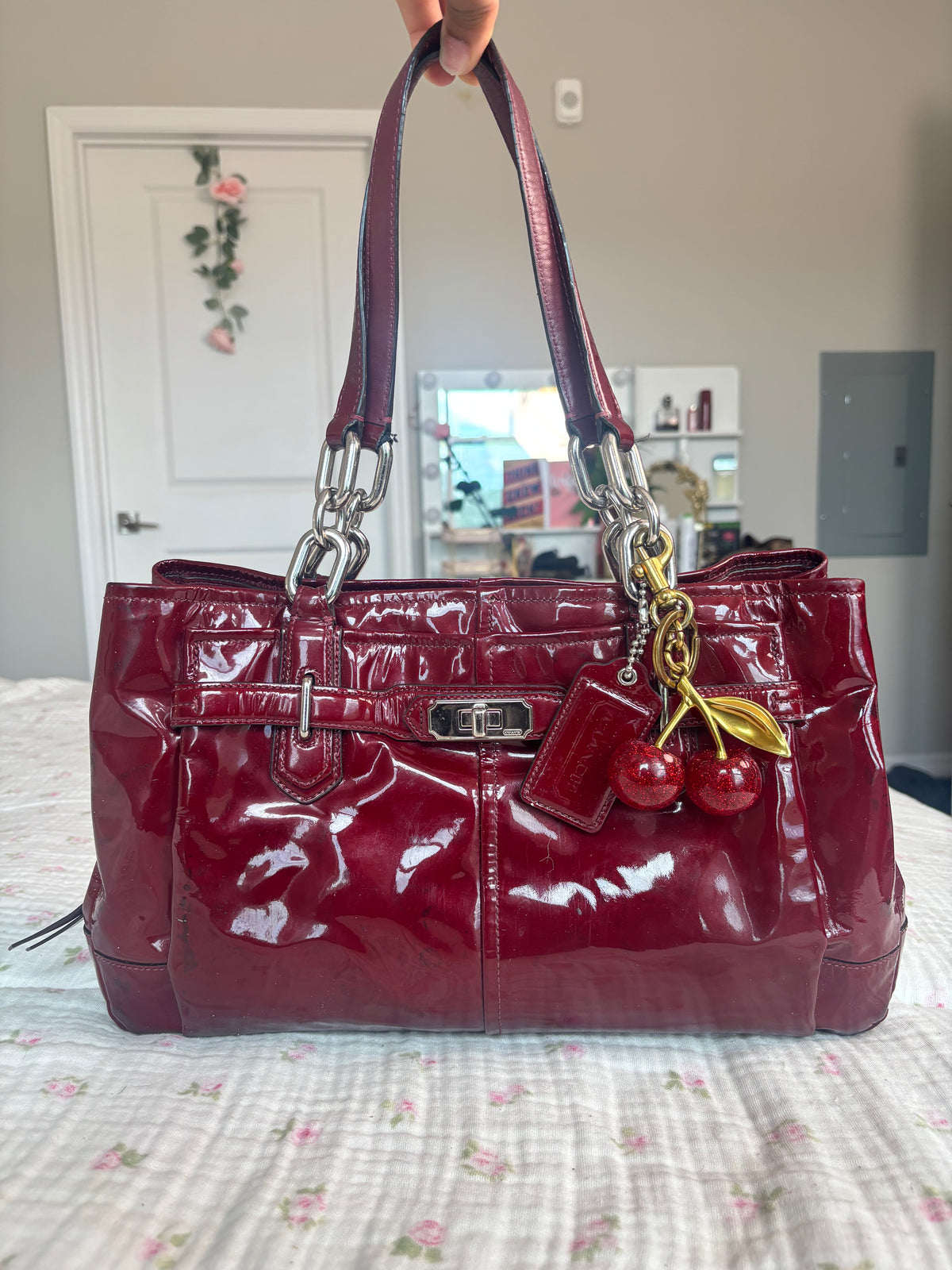 Cherry red patent leather coach satchel