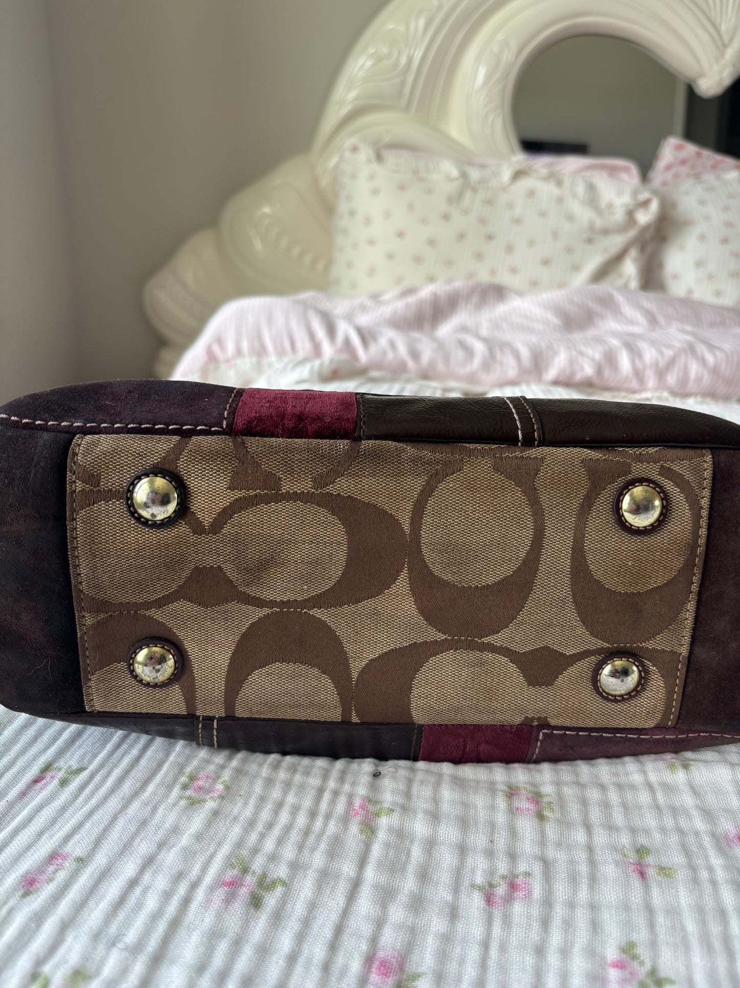 Brown patchwork coach tote bag