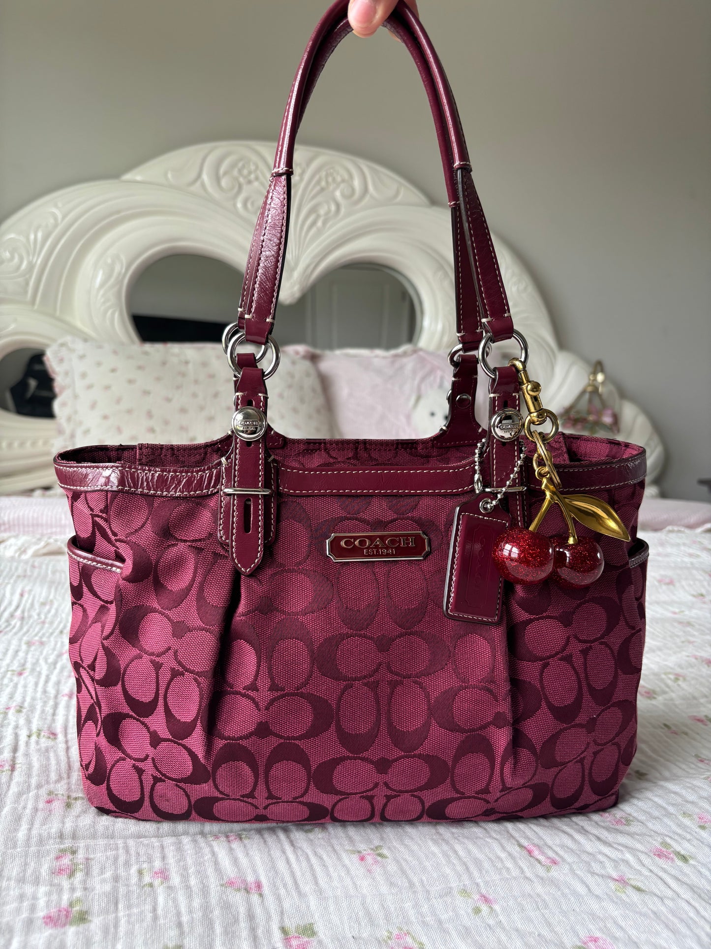 Burgandy coach mongram tote bag