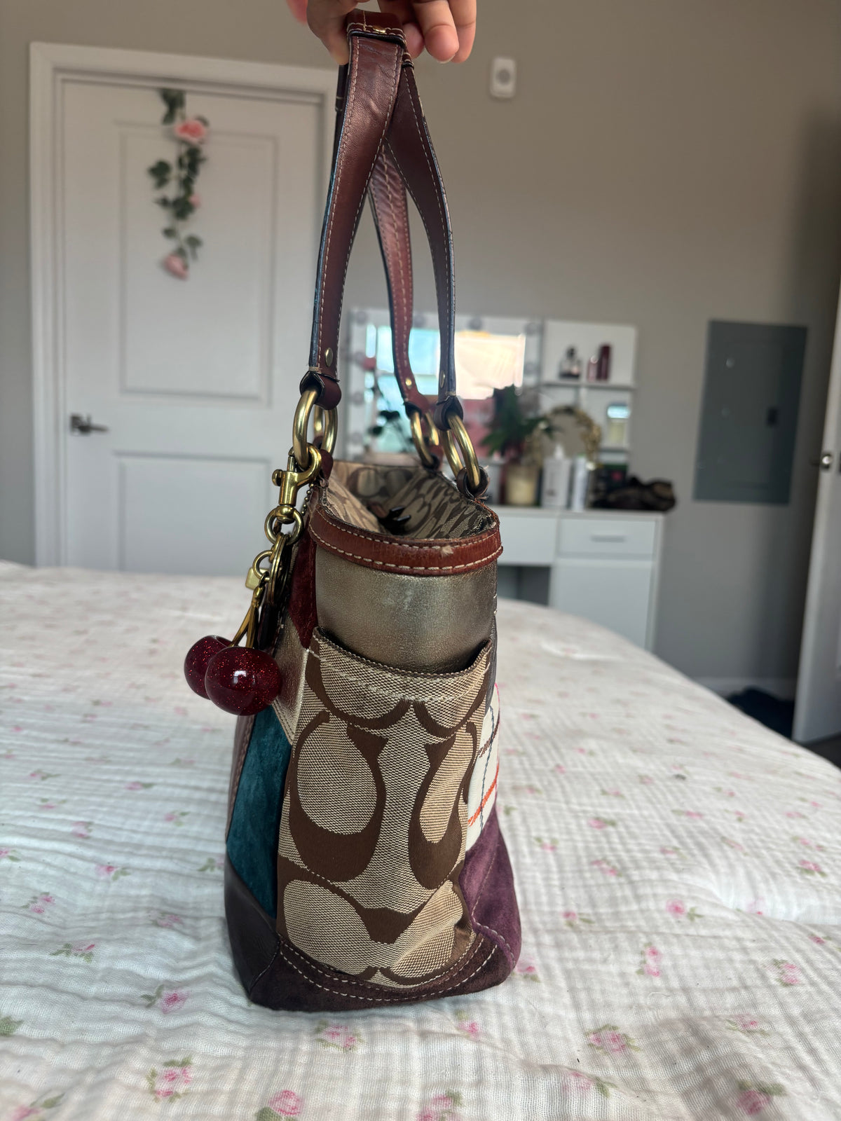 Brown patchwork coach tote bag
