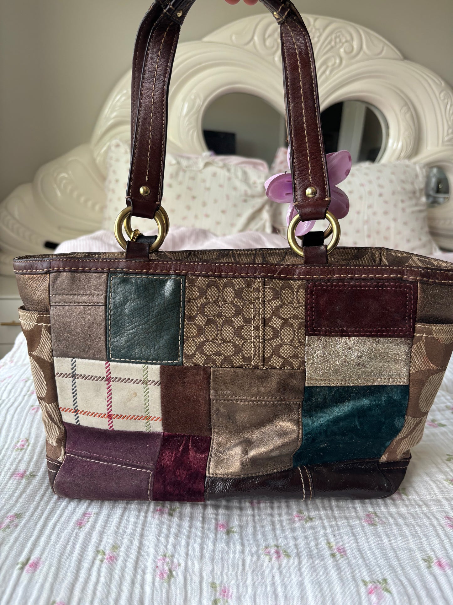 Brown patchwork coach tote bag