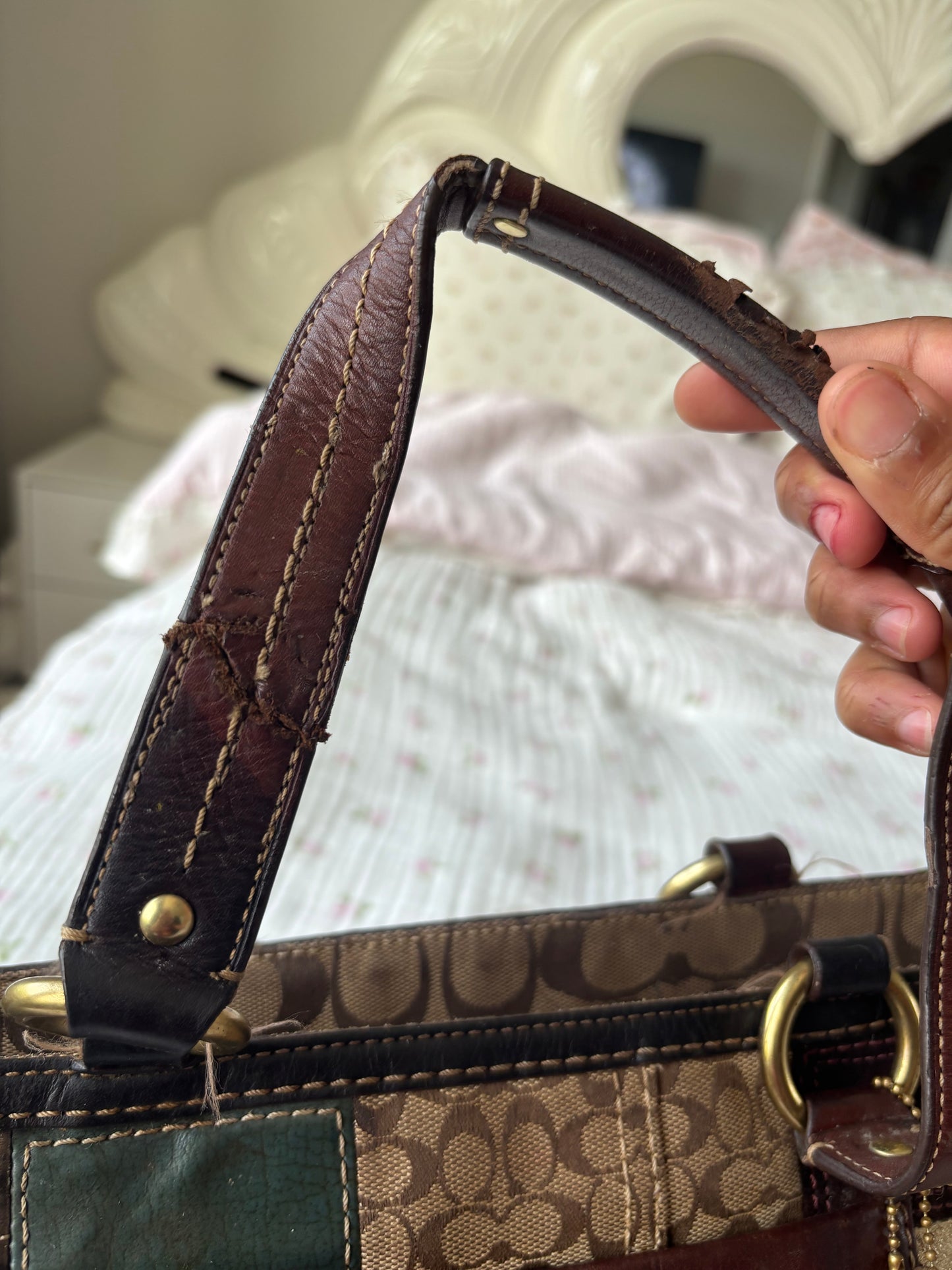 Brown patchwork coach tote bag