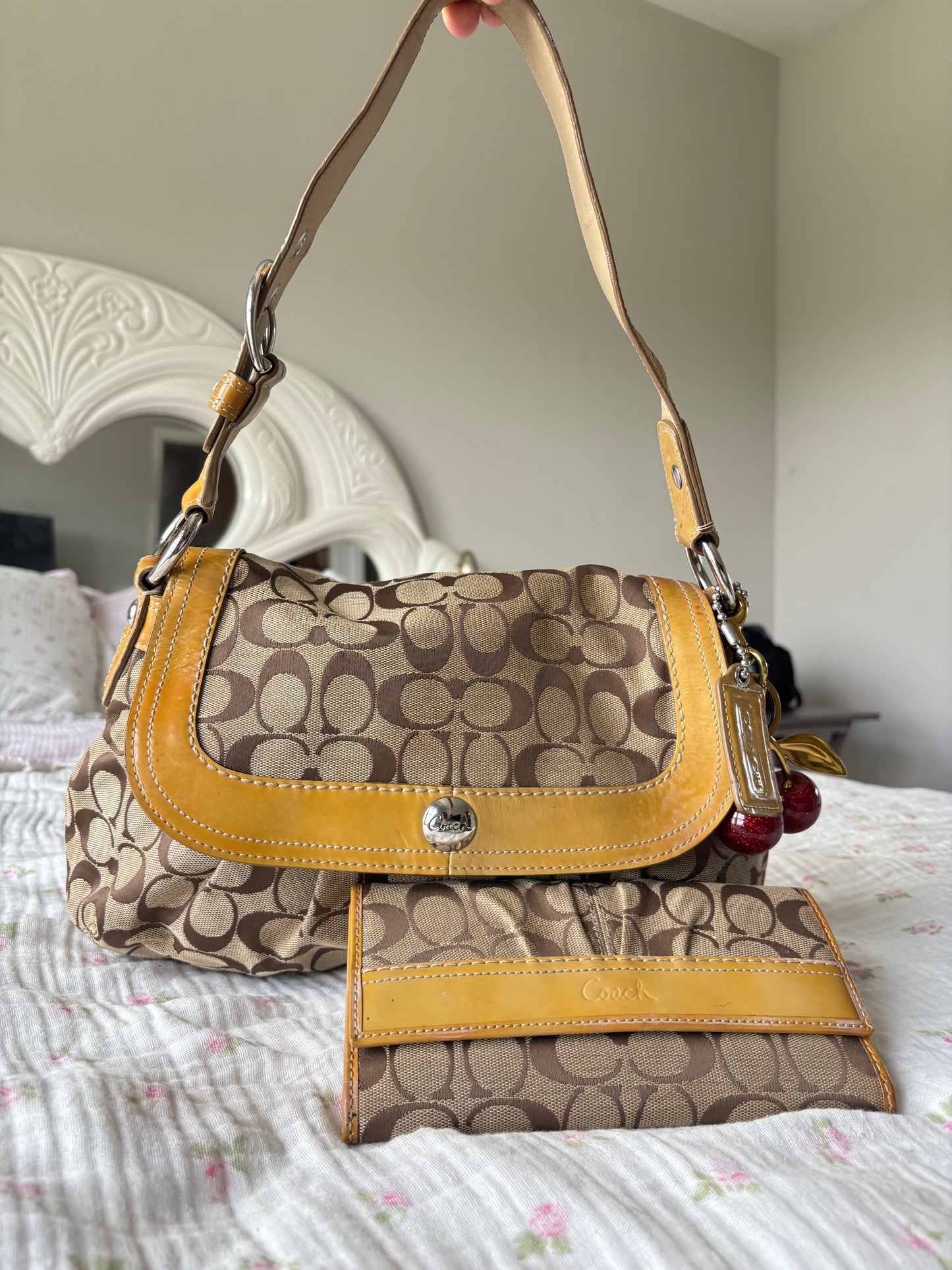 Vintage Coach Signature Shoulder Bag + Matching Wallet Set