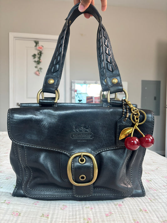 Black leather peacook coach tote bag