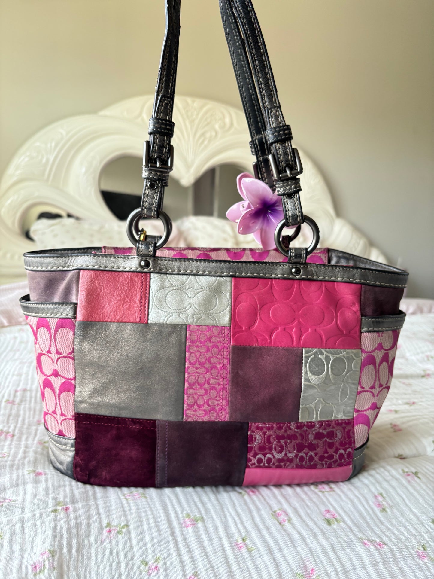 Pink patchwork coach tote bag