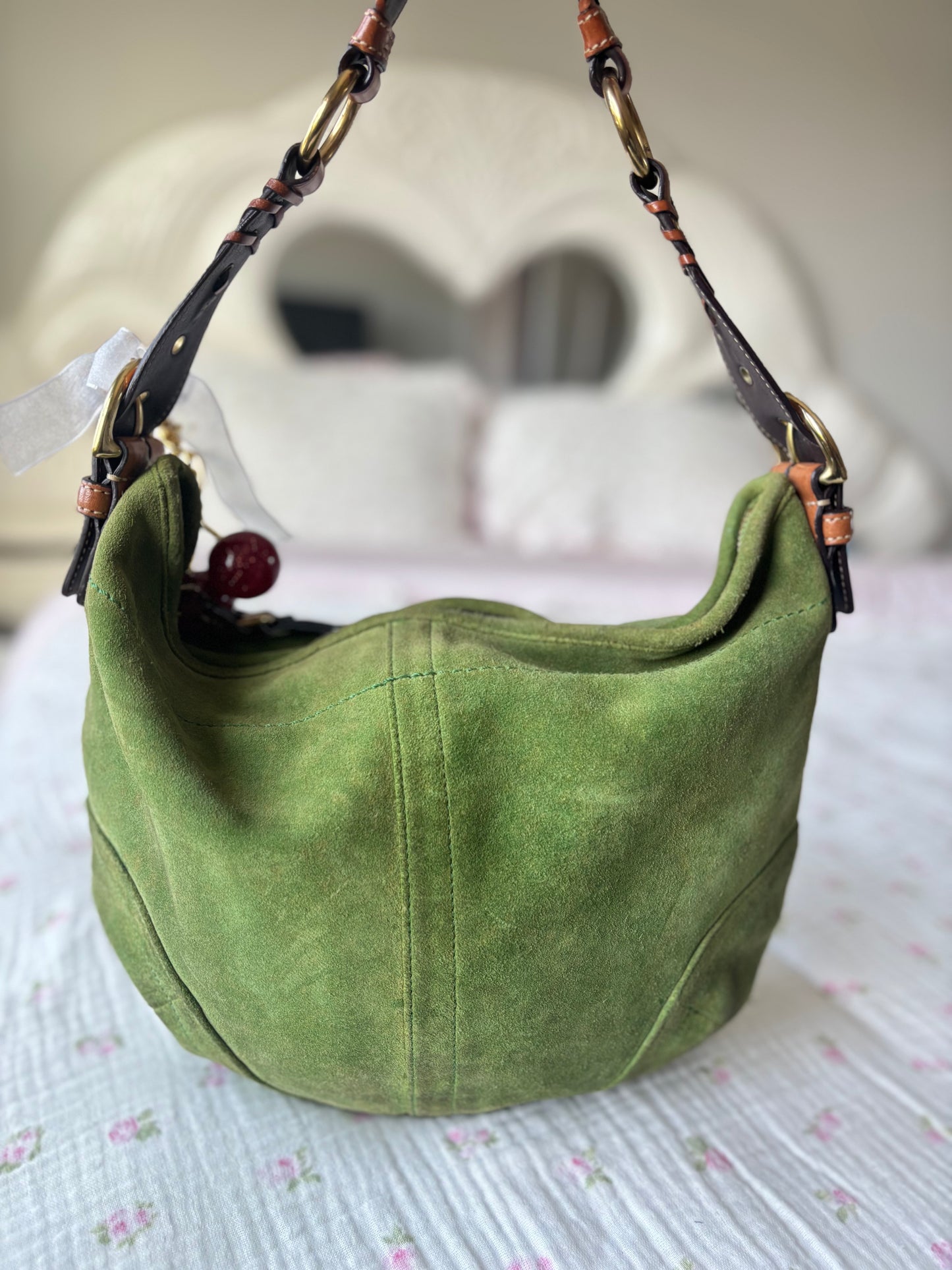 Rare green suede hobo shoulder bag